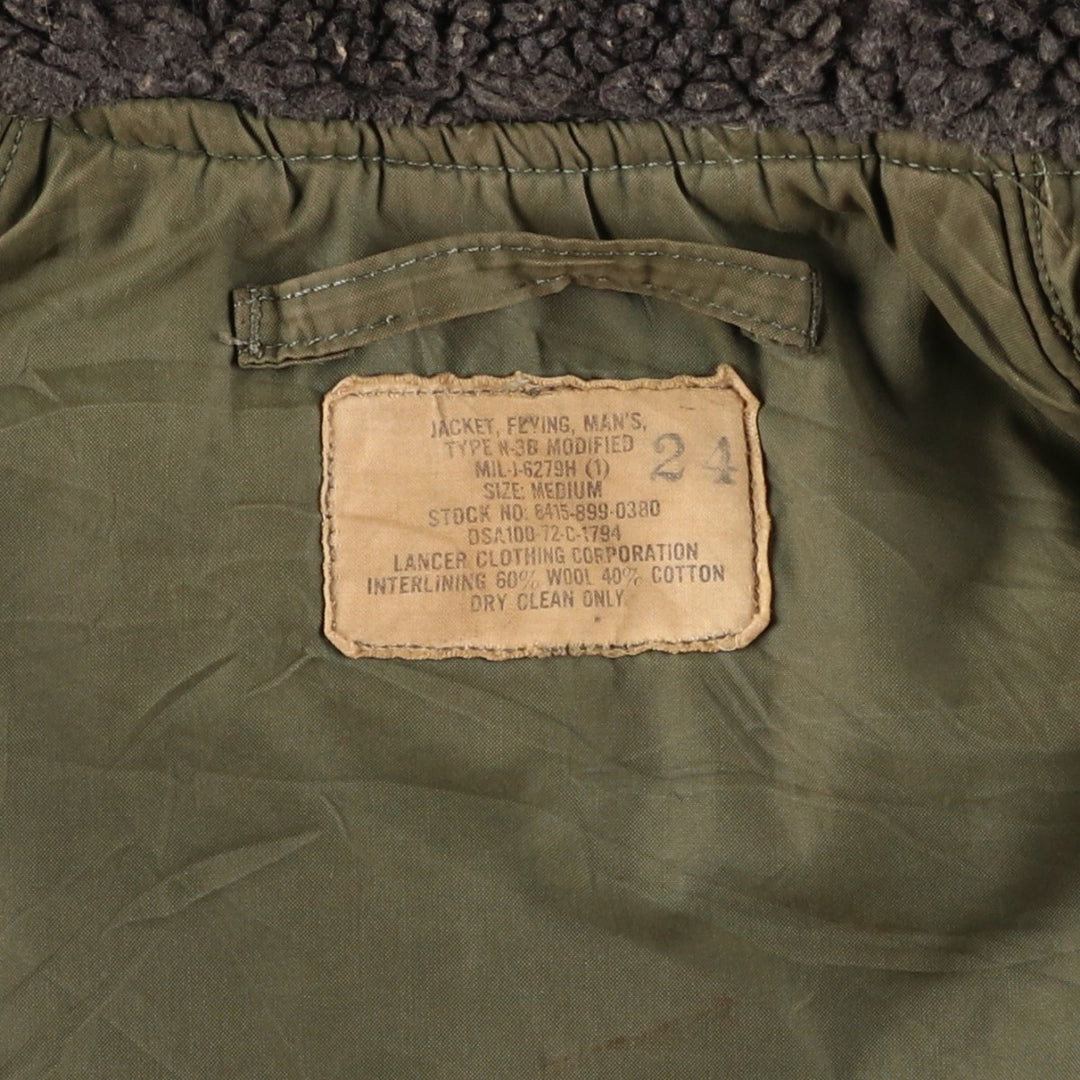 1970'S US Military N-3B Modified Coyote Fur Padded Military Flight Jacket, Men's Size Medium, Vintage wool Khaki type Vintage Second Hand