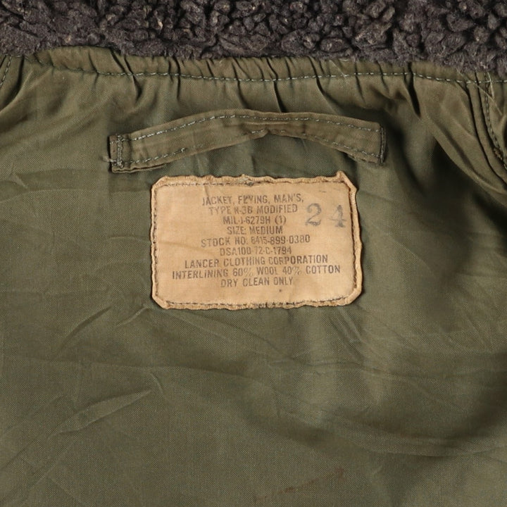 1970'S US Military N-3B Modified Coyote Fur Padded Military Flight Jacket, Men's Size Medium, Vintage wool Khaki type Vintage Second Hand