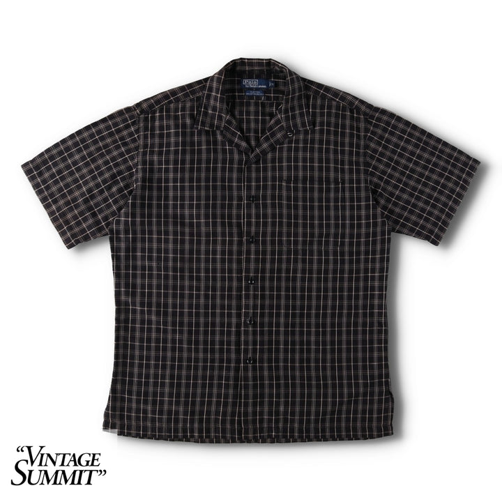 Ralph Lauren POLO by Ralph Lauren CLAYTON Check Pattern Short-Sleeve Open Collar Cotton Shirt (Men's Size M) cotton black type Vintage Second Hand