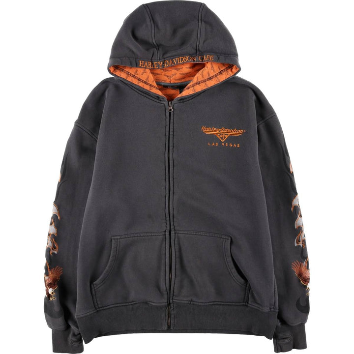 Harley-Davidson Cafe Eagle Pattern Fire Pattern Full-Zip Sweatshirt Hoodie (Men's Size L) cotton gray type Vintage Second Hand