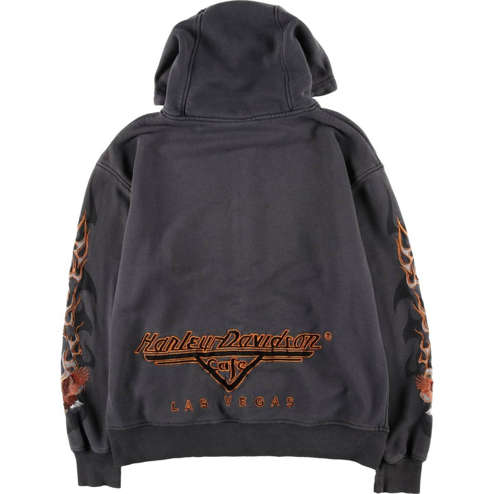 Harley-Davidson Cafe Eagle Pattern Fire Pattern Full-Zip Sweatshirt Hoodie (Men's Size L) cotton gray type Vintage Second Hand