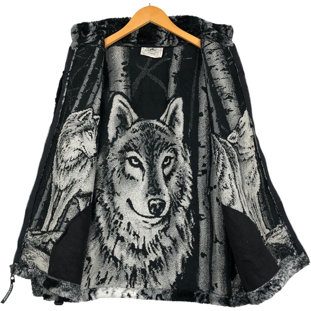 Vintage 90'S BLACK MOUNTAIN all-over wolf pattern fleece jacket, made in the USA, size M, men's acrylic black type Vintage Second Hand