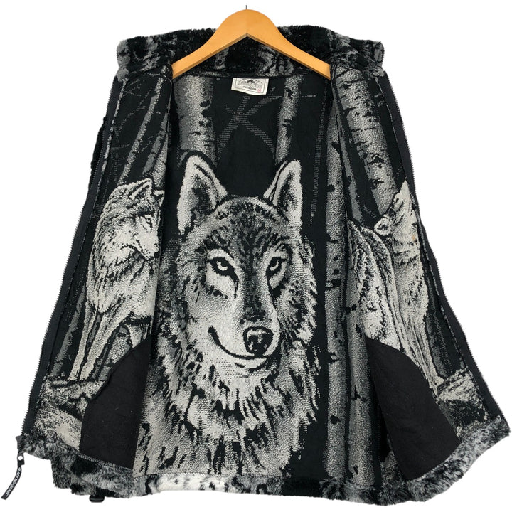 Vintage 90'S BLACK MOUNTAIN all-over wolf pattern fleece jacket, made in the USA, size M, men's acrylic black type Vintage Second Hand