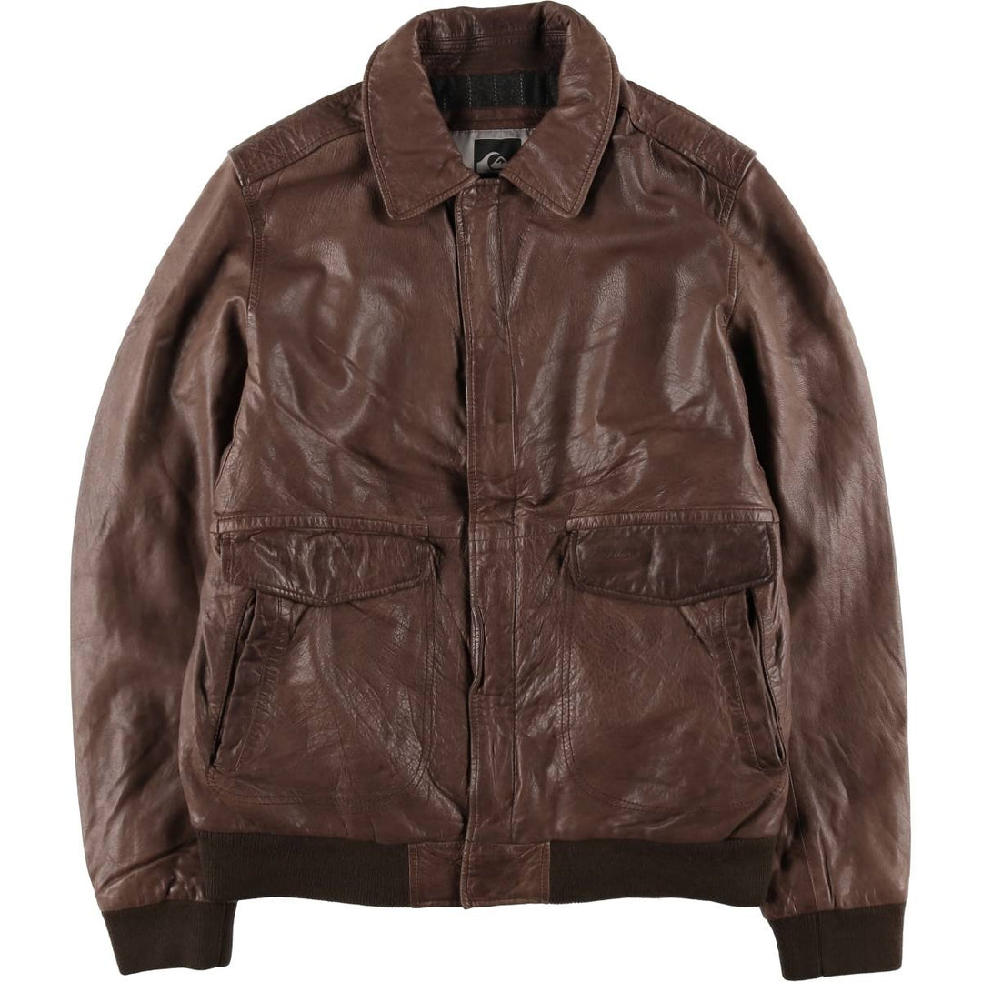 Quiksilver collared padded leather blouson, men's size L (approx.) Genuine Leather Lambskin brown type Vintage Second Hand