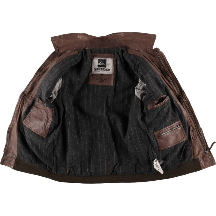 Quiksilver collared padded leather blouson, men's size L (approx.) Genuine Leather Lambskin brown type Vintage Second Hand