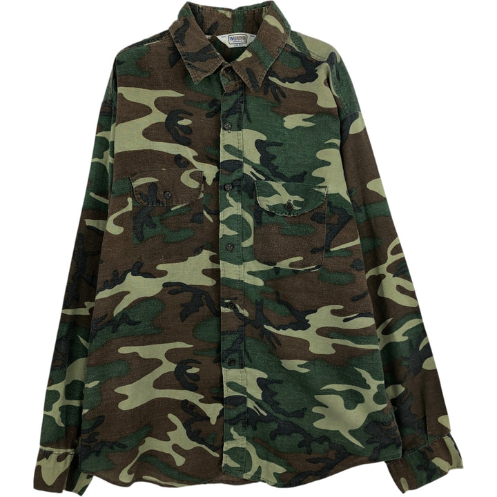 80s-90'S Five Brother Woodland Camo Long-Sleeve Light Flannel Shirt, Made in USA, Men's Size L (Equivalent), Vintage polyester green type Vintage Second Hand