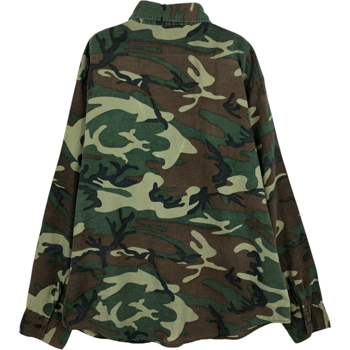 80s-90'S Five Brother Woodland Camo Long-Sleeve Light Flannel Shirt, Made in USA, Men's Size L (Equivalent), Vintage polyester green type Vintage Second Hand