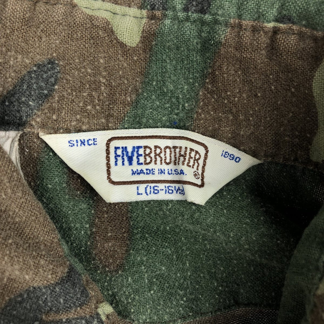 80s-90'S Five Brother Woodland Camo Long-Sleeve Light Flannel Shirt, Made in USA, Men's Size L (Equivalent), Vintage polyester green type Vintage Second Hand