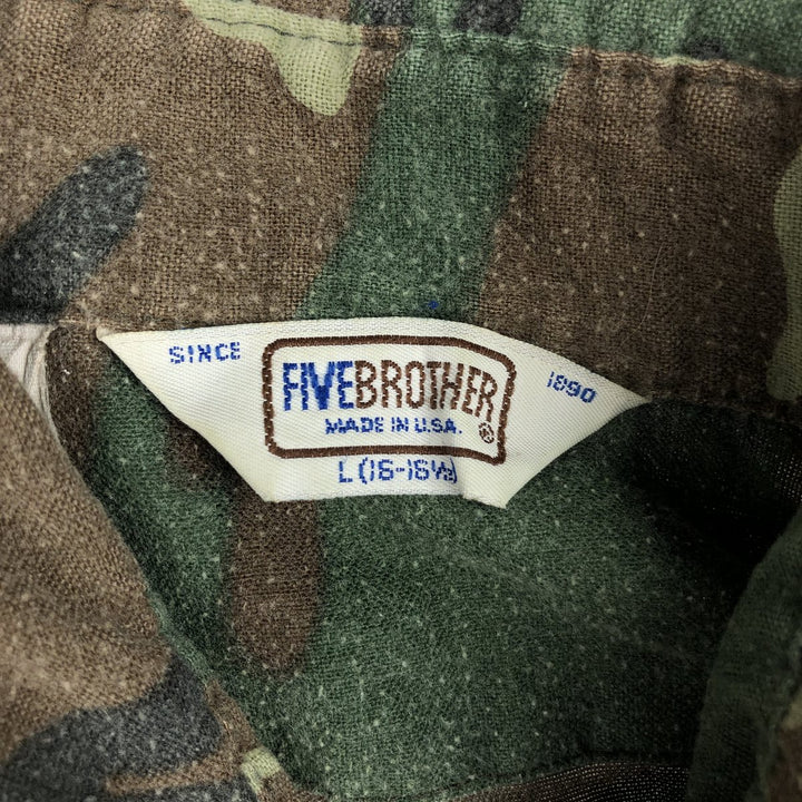 80s-90'S Five Brother Woodland Camo Long-Sleeve Light Flannel Shirt, Made in USA, Men's Size L (Equivalent), Vintage polyester green type Vintage Second Hand