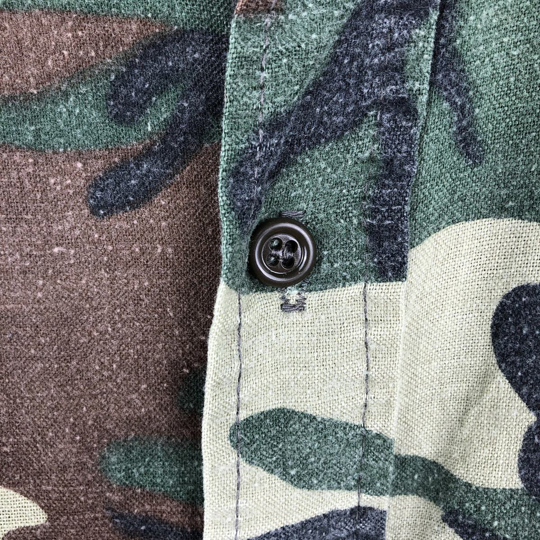 80s-90'S Five Brother Woodland Camo Long-Sleeve Light Flannel Shirt, Made in USA, Men's Size L (Equivalent), Vintage polyester green type Vintage Second Hand