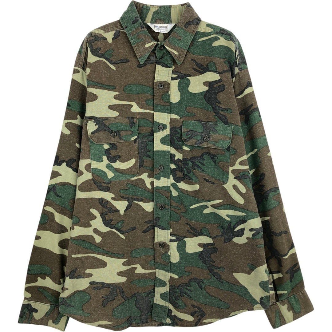 80s-90'S Five Brother Woodland Camo Long-Sleeve Light Flannel Check Shirt, Made in USA, Men's Size L (Equivalent), Vintage polyester green type Vintage Second Hand
