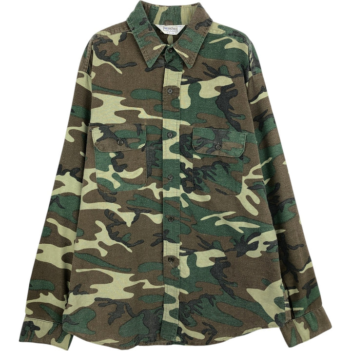 80s-90'S Five Brother Woodland Camo Long-Sleeve Light Flannel Check Shirt, Made in USA, Men's Size L (Equivalent), Vintage polyester green type Vintage Second Hand