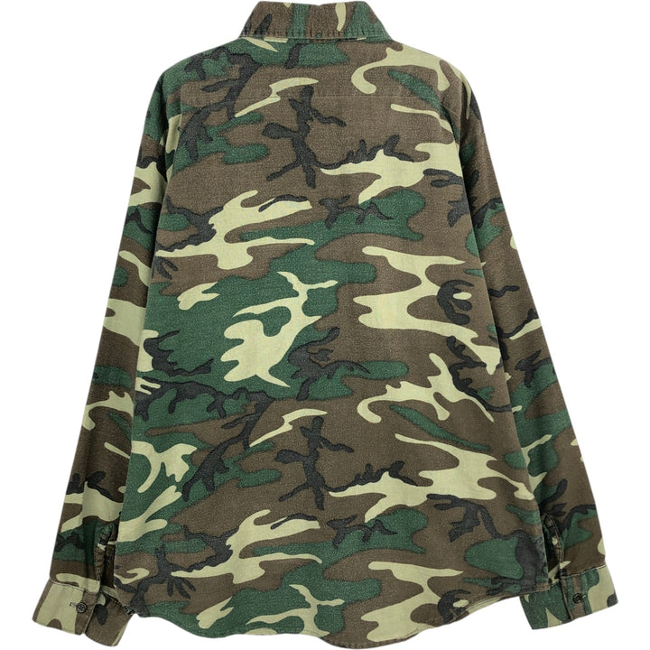 80s-90'S Five Brother Woodland Camo Long-Sleeve Light Flannel Check Shirt, Made in USA, Men's Size L (Equivalent), Vintage polyester green type Vintage Second Hand