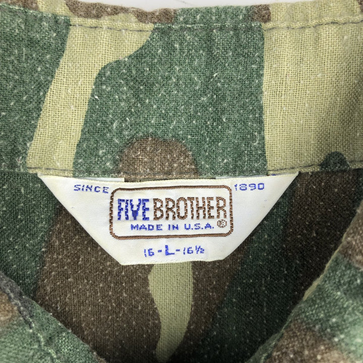 80s-90'S Five Brother Woodland Camo Long-Sleeve Light Flannel Check Shirt, Made in USA, Men's Size L (Equivalent), Vintage polyester green type Vintage Second Hand