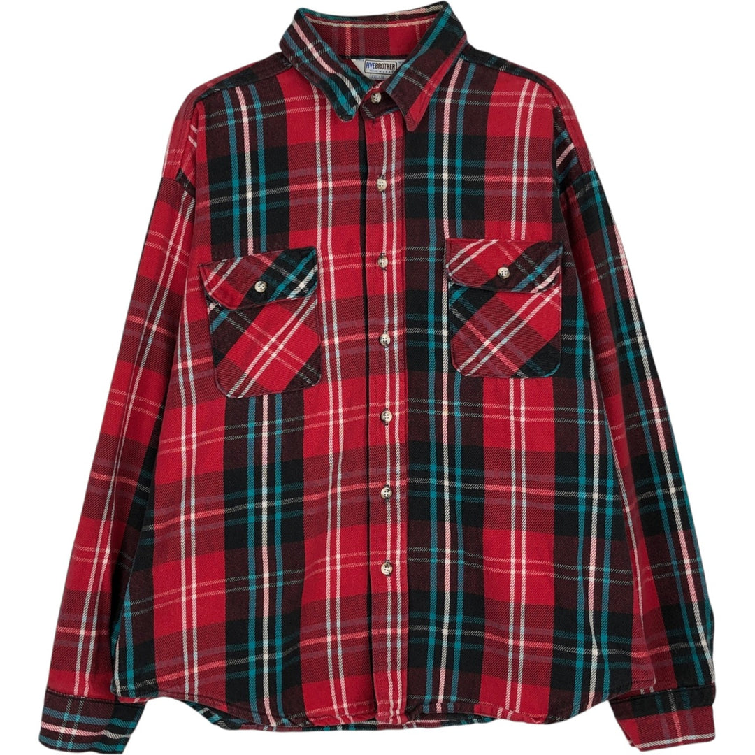70s-80'S Five Brother Long-Sleeve Flannel Check Shirt, Made in USA, Men's XXL Equivalent, Vintage cotton red type Vintage Second Hand