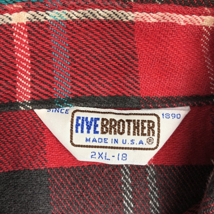 70s-80'S Five Brother Long-Sleeve Flannel Check Shirt, Made in USA, Men's XXL Equivalent, Vintage cotton red type Vintage Second Hand
