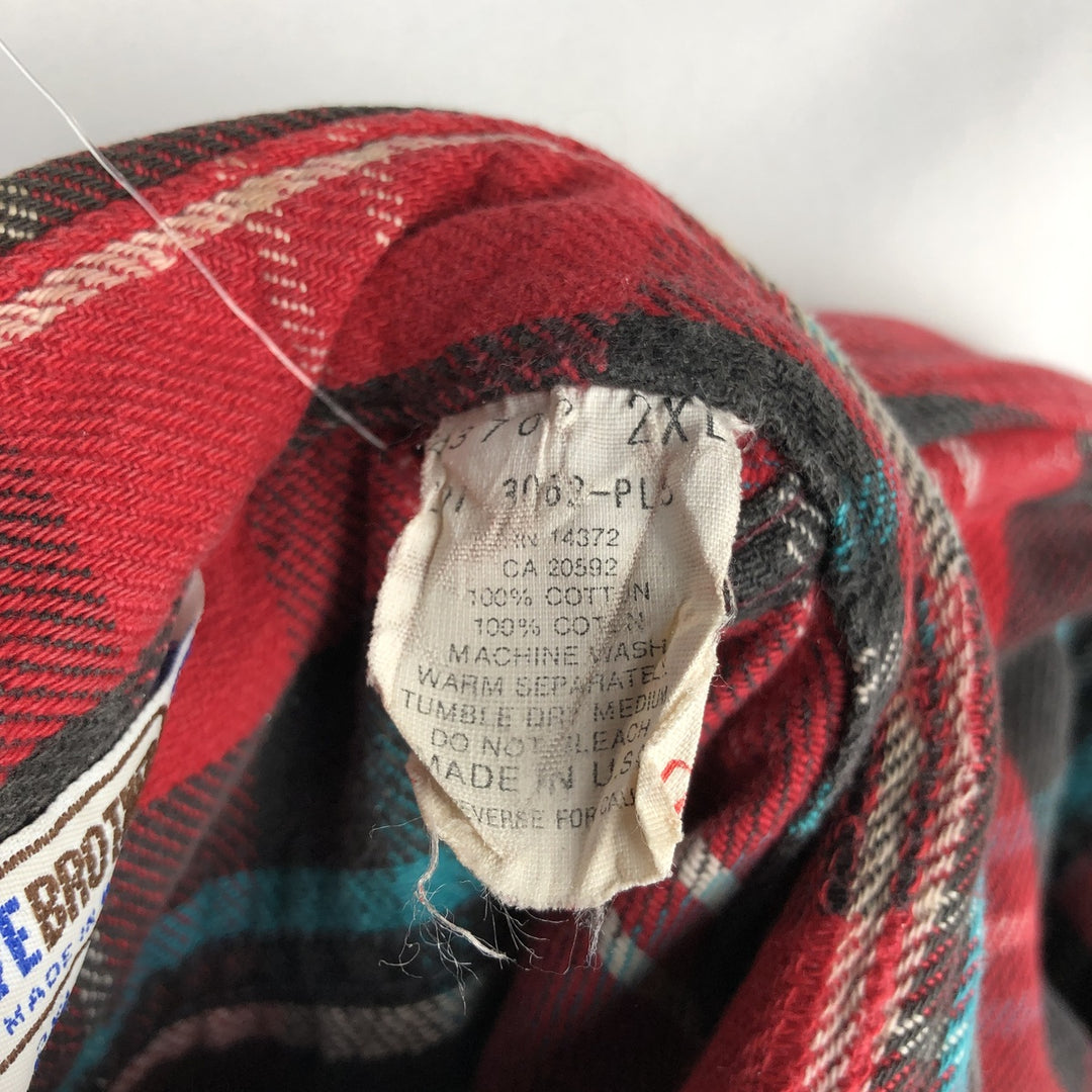 70s-80'S Five Brother Long-Sleeve Flannel Check Shirt, Made in USA, Men's XXL Equivalent, Vintage cotton red type Vintage Second Hand