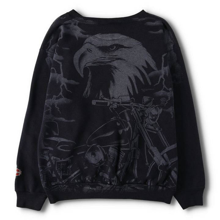 90'S Harley-Davidson Eagle Pattern All-Over Print Advertising Sweatshirt, Made in USA cotton black type Vintage Second Hand