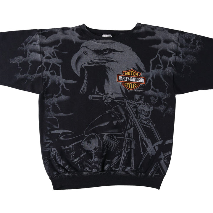 90'S Harley-Davidson Eagle Pattern All-Over Print Advertising Sweatshirt, Made in USA cotton black type Vintage Second Hand