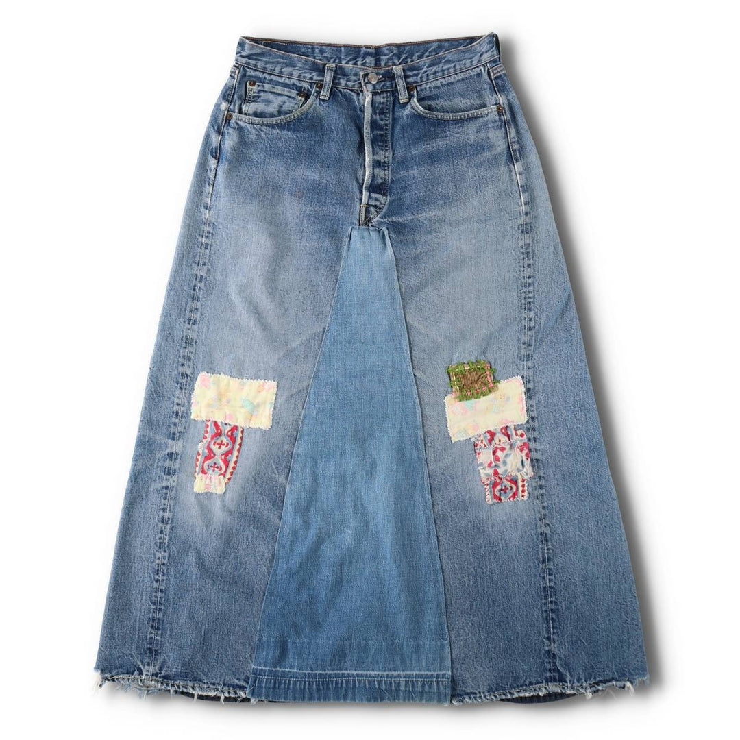 80'S Levi's 501 Remake Denim Long A-Line Skirt, Women's Size XL (Equivalent), Vintage unclear blue type Vintage Second Hand