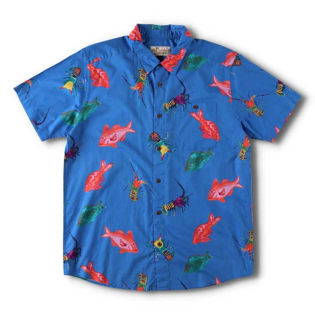 Patagonia Pataloha 52561SP20 All-over print Hawaiian Aloha shirt, men's size L (approx.) Organic cotton blue type Vintage Second Hand