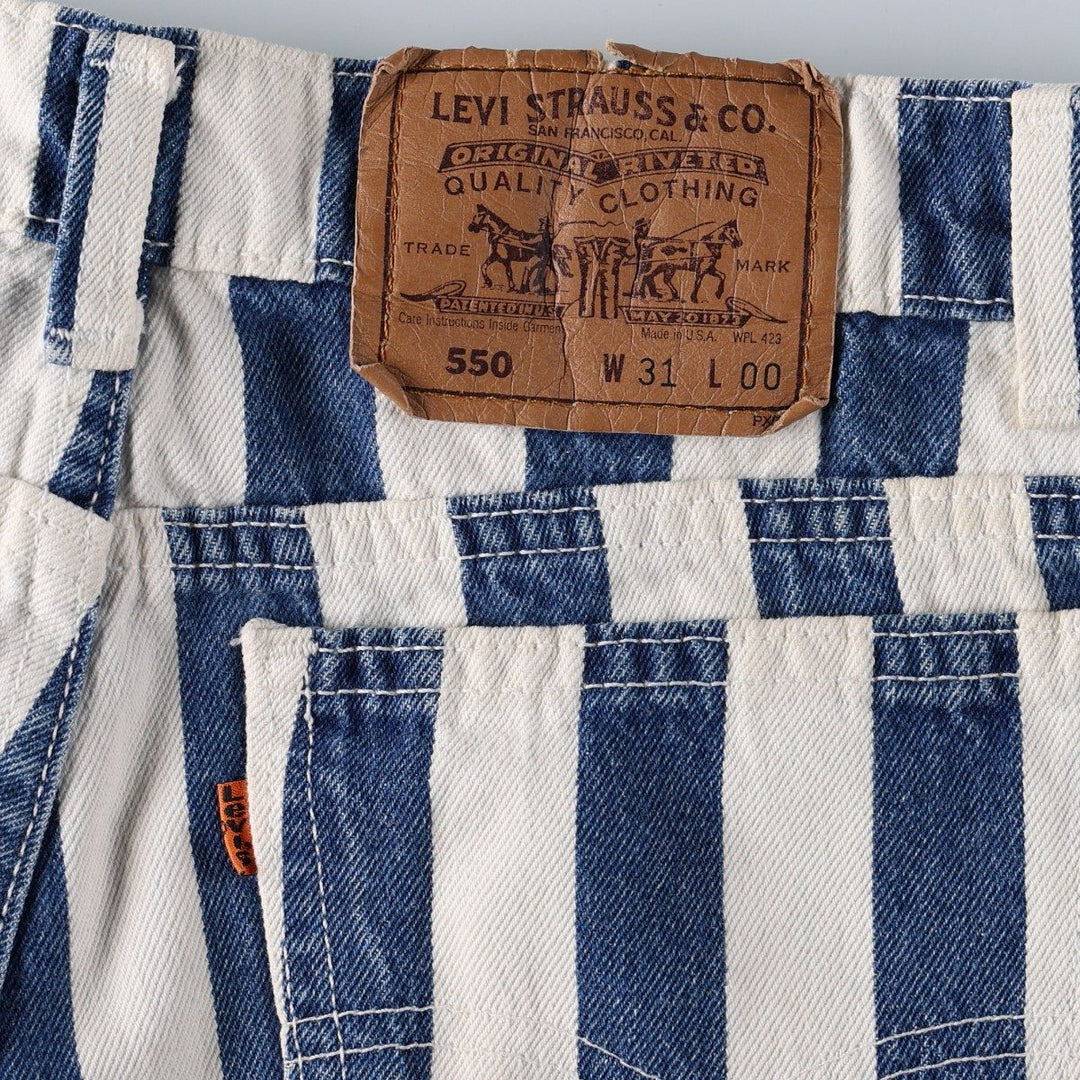 90'S Levi's 550 Stripe Pattern Orange Tab Denim Shorts (Men's W31 equivalent) - Made in USA. cotton white type Vintage Second Hand