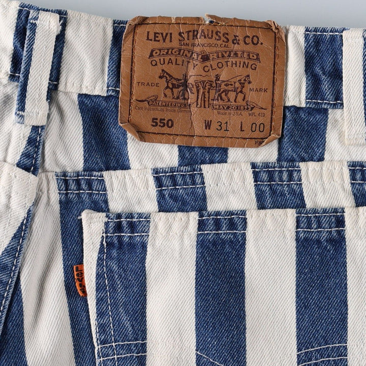 90'S Levi's 550 Stripe Pattern Orange Tab Denim Shorts (Men's W31 equivalent) - Made in USA. cotton white type Vintage Second Hand