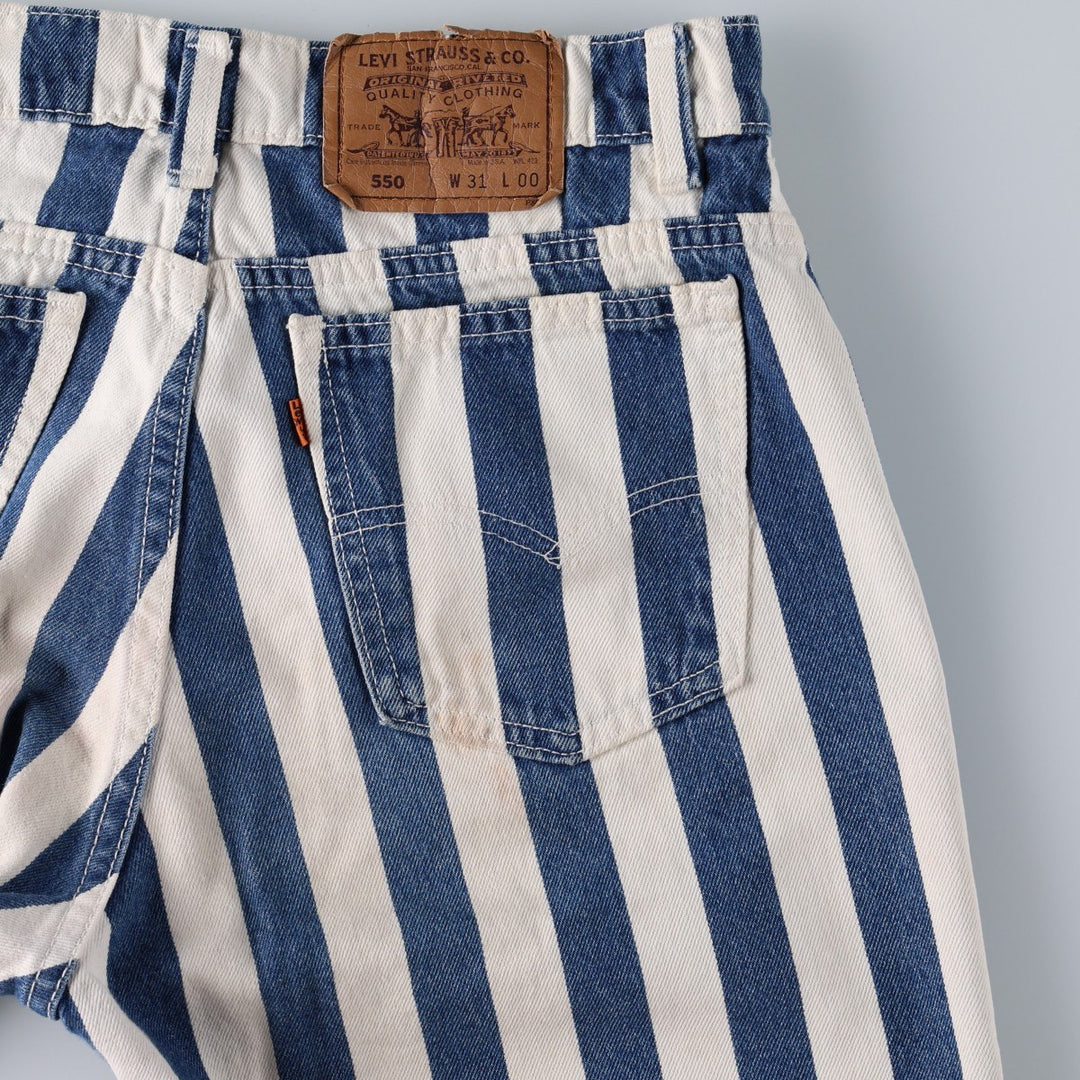 90'S Levi's 550 Stripe Pattern Orange Tab Denim Shorts (Men's W31 equivalent) - Made in USA. cotton white type Vintage Second Hand
