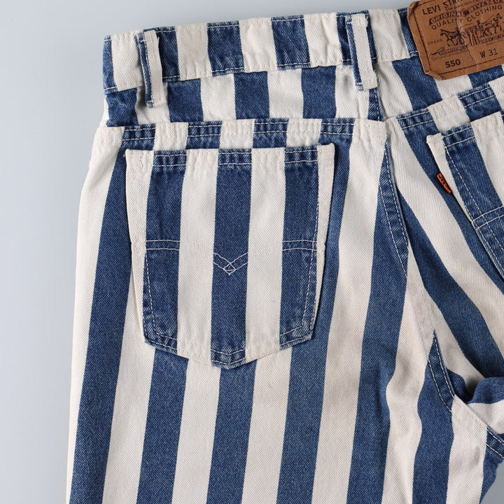 90'S Levi's 550 Stripe Pattern Orange Tab Denim Shorts (Men's W31 equivalent) - Made in USA. cotton white type Vintage Second Hand