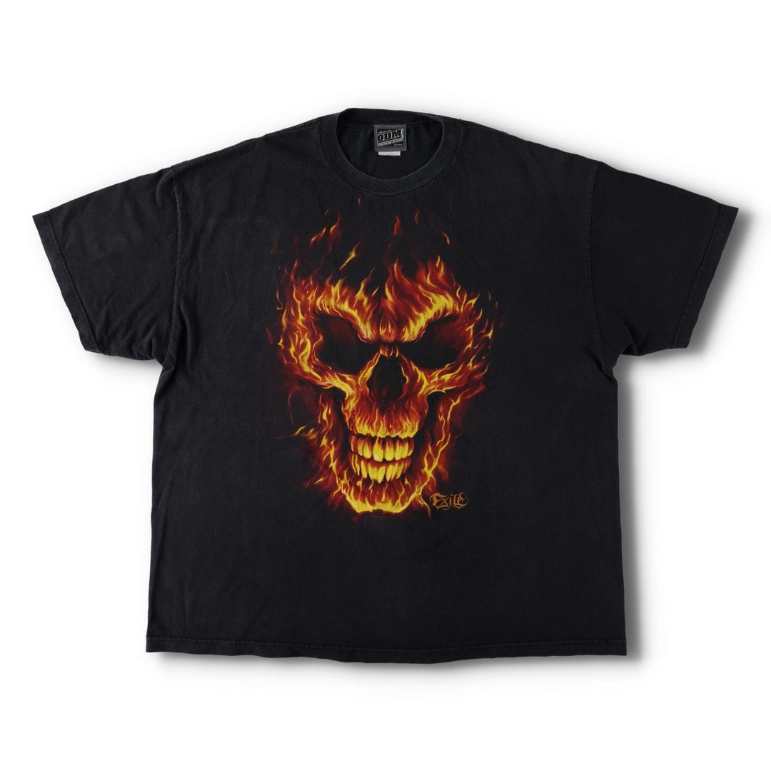 ODM Skull Pattern Fire Pattern Print T-Shirt (Men's XXL equivalent) cotton black type Vintage Second Hand