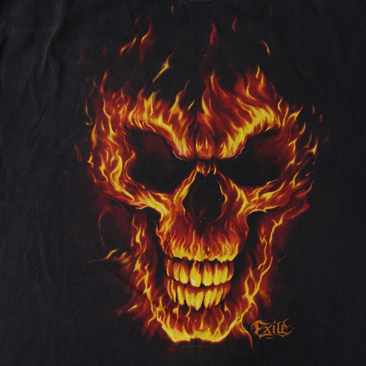 ODM Skull Pattern Fire Pattern Print T-Shirt (Men's XXL equivalent) cotton black type Vintage Second Hand