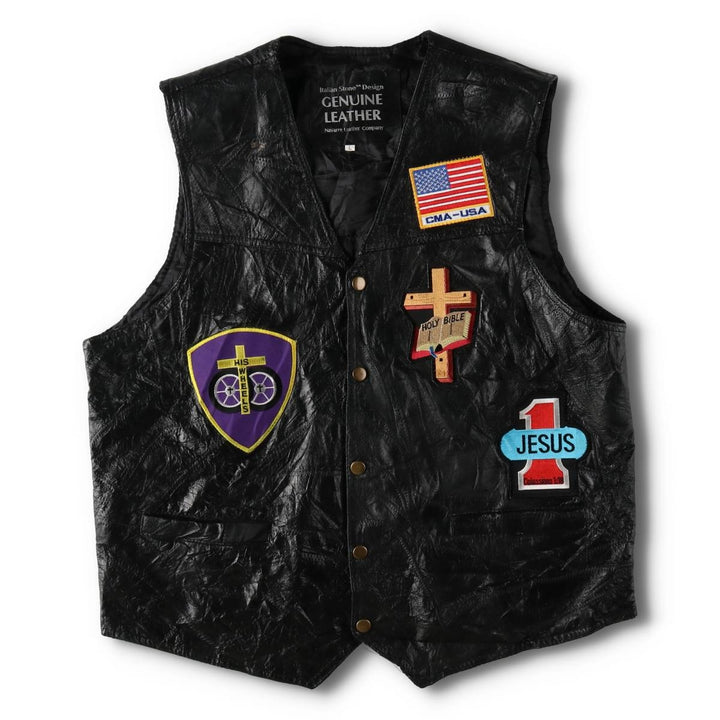 Navarre Leather Company Italian Stone Design American flag pattern patch custom leather vest, men's size L equivalent, vintage. genuine leather black type Vintage Second Hand