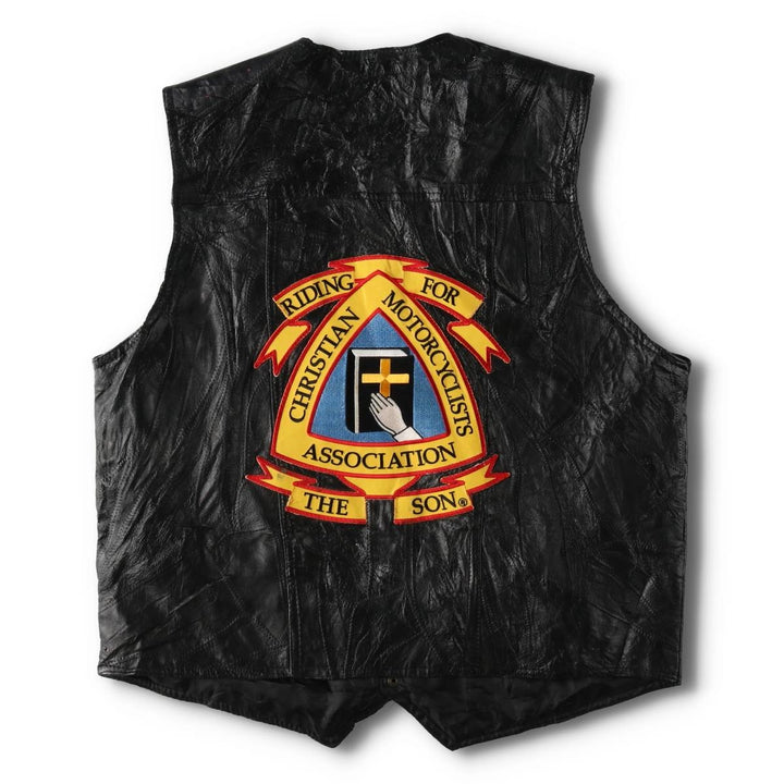Navarre Leather Company Italian Stone Design American flag pattern patch custom leather vest, men's size L equivalent, vintage. genuine leather black type Vintage Second Hand
