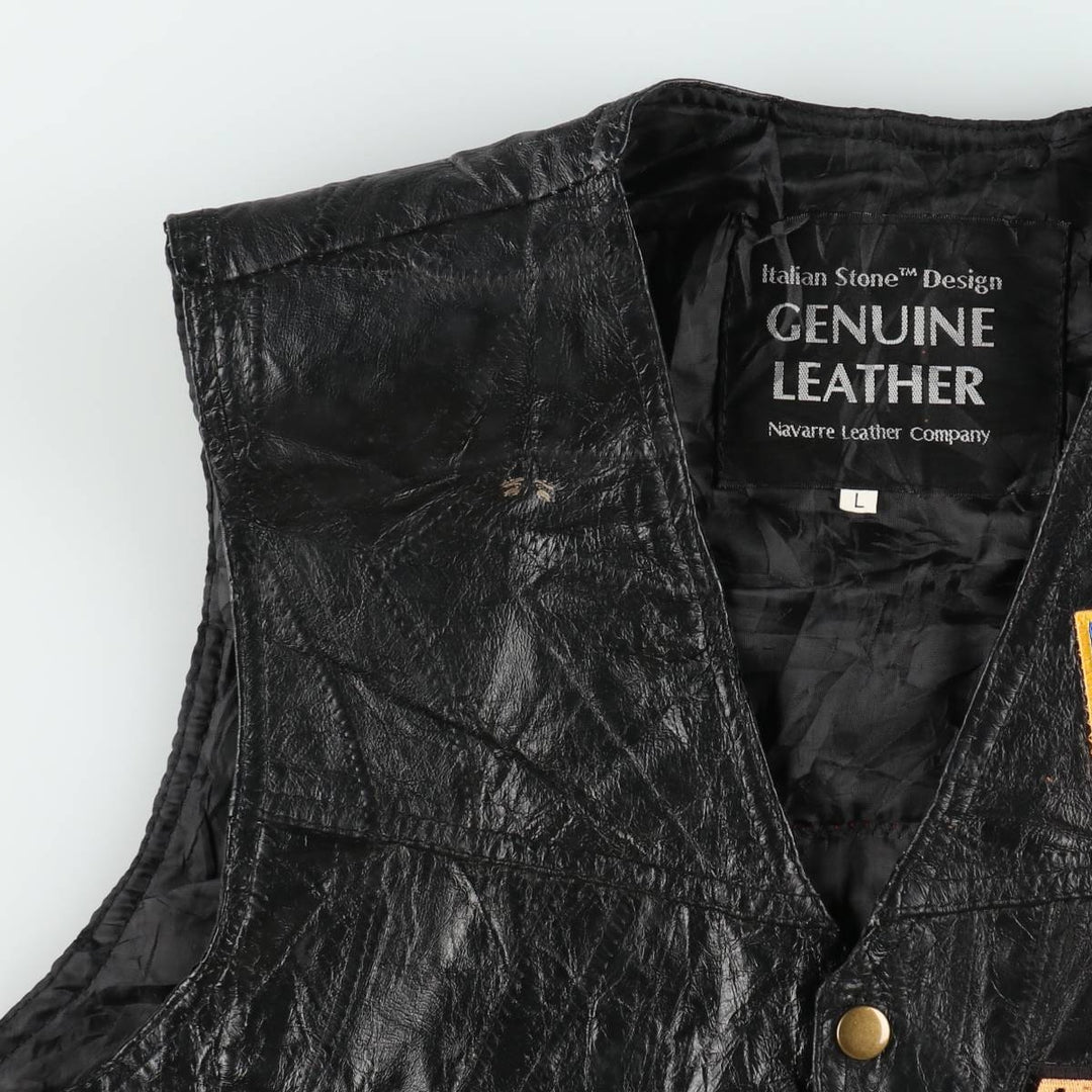 Navarre Leather Company Italian Stone Design American flag pattern patch custom leather vest, men's size L equivalent, vintage. genuine leather black type Vintage Second Hand