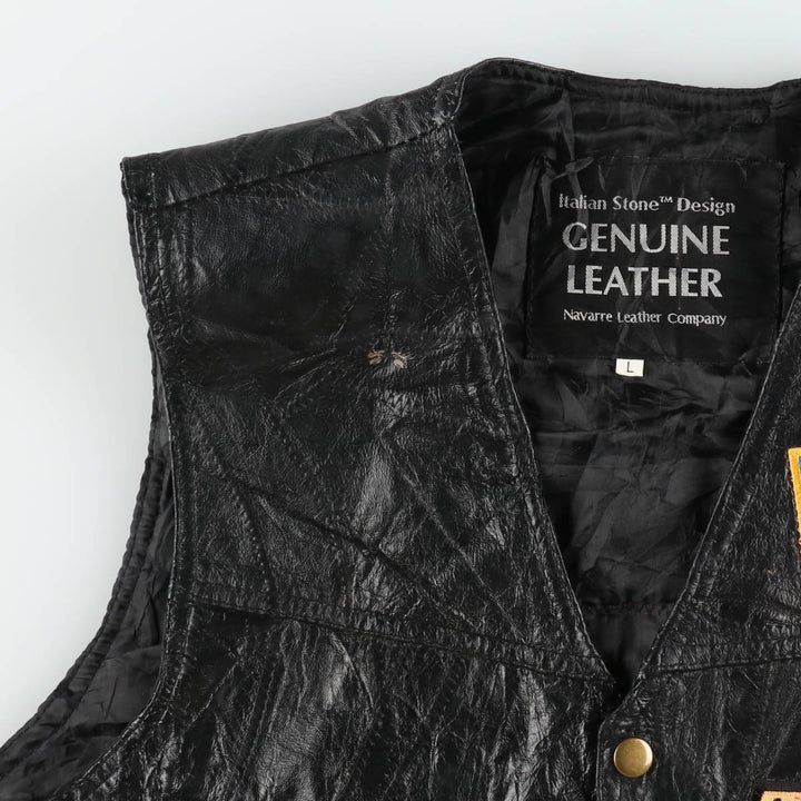 Navarre Leather Company Italian Stone Design American flag pattern patch custom leather vest, men's size L equivalent, vintage. genuine leather black type Vintage Second Hand