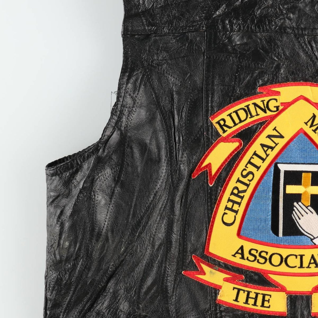 Navarre Leather Company Italian Stone Design American flag pattern patch custom leather vest, men's size L equivalent, vintage. genuine leather black type Vintage Second Hand