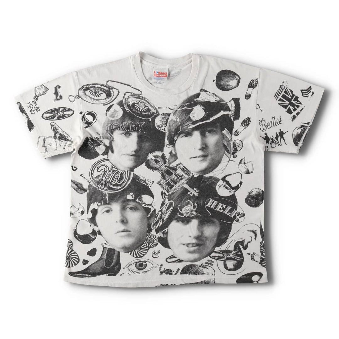 90'S Hanes Ultraweight The Beatles All-Over Print Band T-Shirt, Made in USA, Men's Size L (approx.) cotton white type Vintage Second Hand