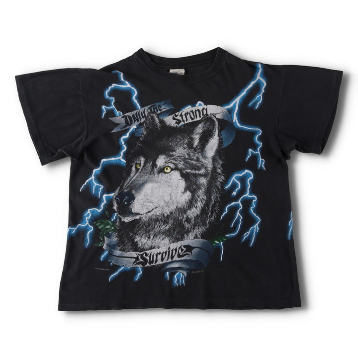 90'S Caribbean Dream American Thunder Wolf Pattern Eagle Pattern Large Print T-Shirt Men's Size L (approx.) cotton black type Vintage Second Hand