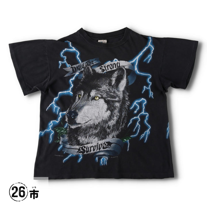 90'S Caribbean Dream American Thunder Wolf Pattern Eagle Pattern Large Print T-Shirt Men's Size L (approx.) cotton black type Vintage Second Hand