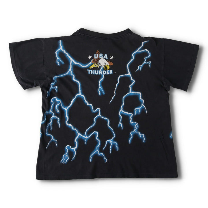 90'S Caribbean Dream American Thunder Wolf Pattern Eagle Pattern Large Print T-Shirt Men's Size L (approx.) cotton black type Vintage Second Hand