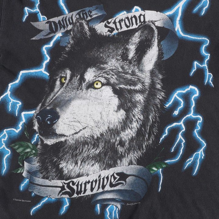 90'S Caribbean Dream American Thunder Wolf Pattern Eagle Pattern Large Print T-Shirt Men's Size L (approx.) cotton black type Vintage Second Hand