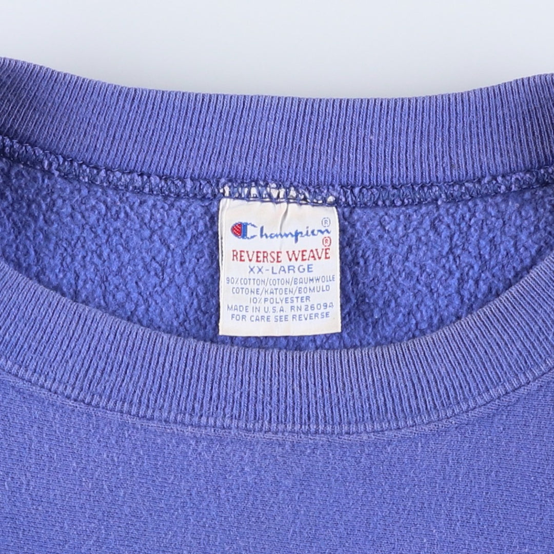 90'S Champion Reverse Weave Blank Sweatshirt with Embroidered Tag (No Logo), Made in USA, Men's XXL equivalent. cotton Purple type blue-purple Vintage Second Hand