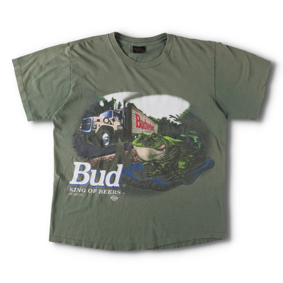 90'S Changes Budweiser Frog Pattern Advertising T-Shirt, Made in USA, Men's XL equivalent. cotton Khaki type Vintage Second Hand