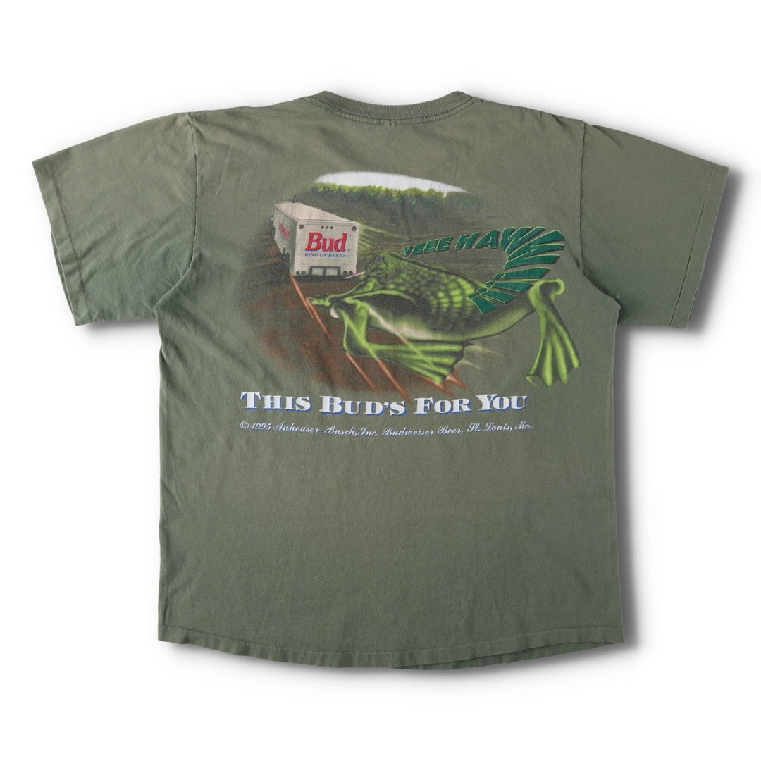 90'S Changes Budweiser Frog Pattern Advertising T-Shirt, Made in USA, Men's XL equivalent. cotton Khaki type Vintage Second Hand