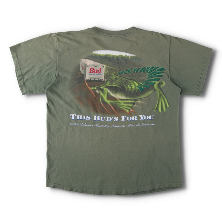 90'S Changes Budweiser Frog Pattern Advertising T-Shirt, Made in USA, Men's XL equivalent. cotton Khaki type Vintage Second Hand