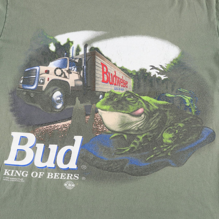 90'S Changes Budweiser Frog Pattern Advertising T-Shirt, Made in USA, Men's XL equivalent. cotton Khaki type Vintage Second Hand