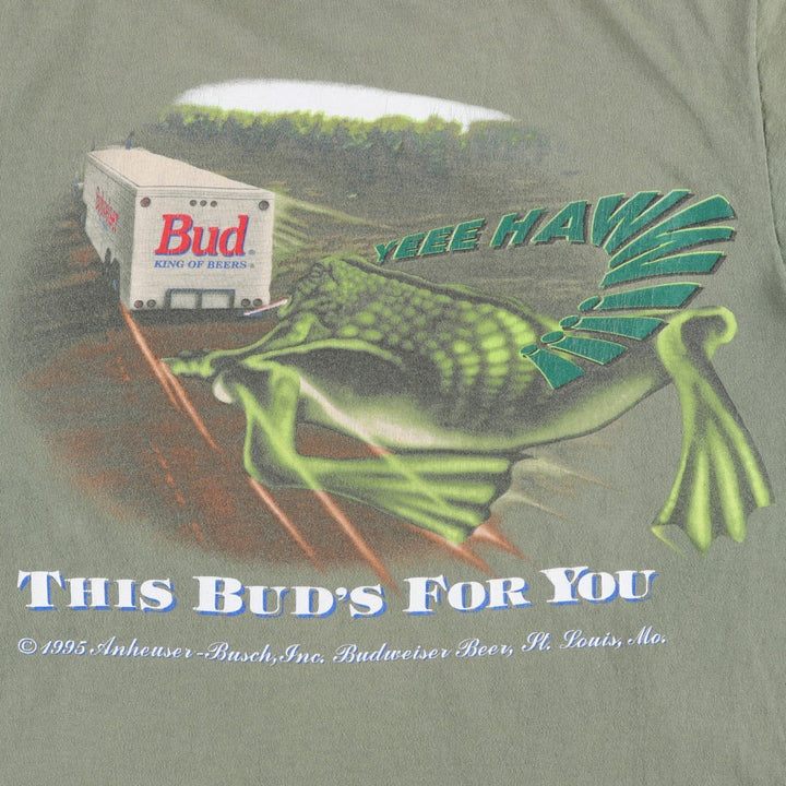 90'S Changes Budweiser Frog Pattern Advertising T-Shirt, Made in USA, Men's XL equivalent. cotton Khaki type Vintage Second Hand