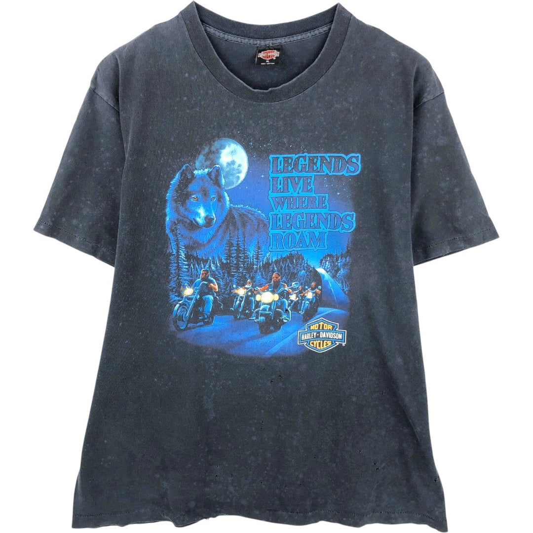 90'S Harley-Davidson Wolf Pattern Motorcycle T-Shirt, Made in USA, Men's Size XL (approx.) cotton navy blue type Vintage Second Hand