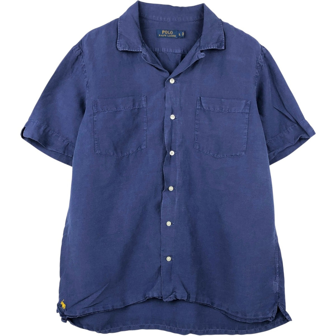 Ralph Lauren POLO RALPH LAUREN Short Sleeve Open Collar Linen Shirt Box Shirt Men's L Size linen navy blue type Vintage Second Hand