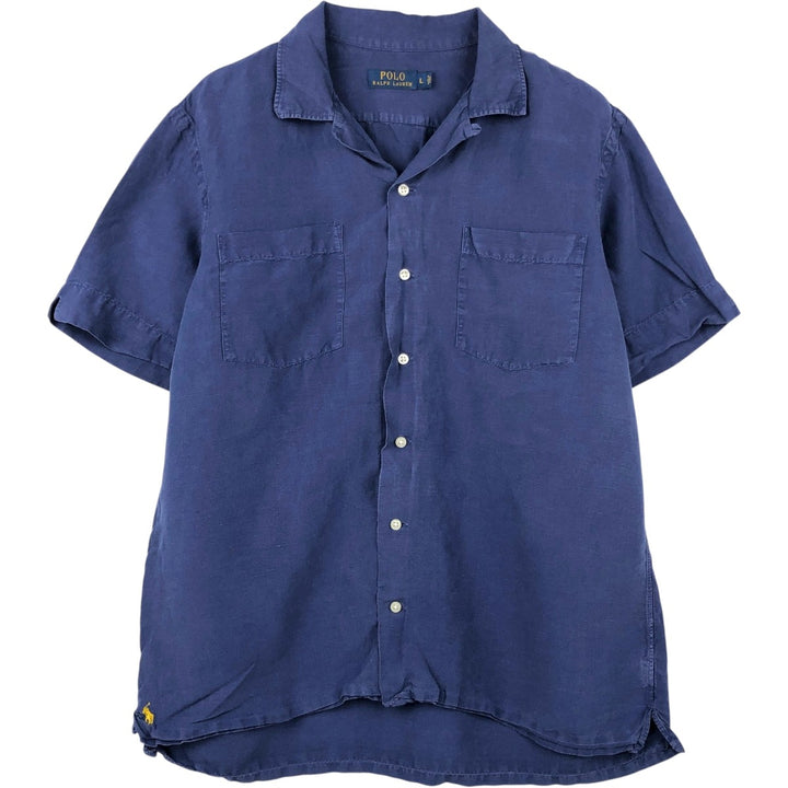 Ralph Lauren POLO RALPH LAUREN Short Sleeve Open Collar Linen Shirt Box Shirt Men's L Size linen navy blue type Vintage Second Hand